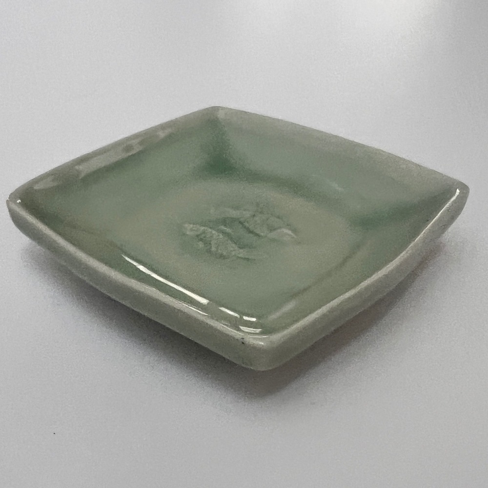 Handmade Thai Celadon Ceramic Square Fish Dish Green Crackle Glaze 4 Inch Tray